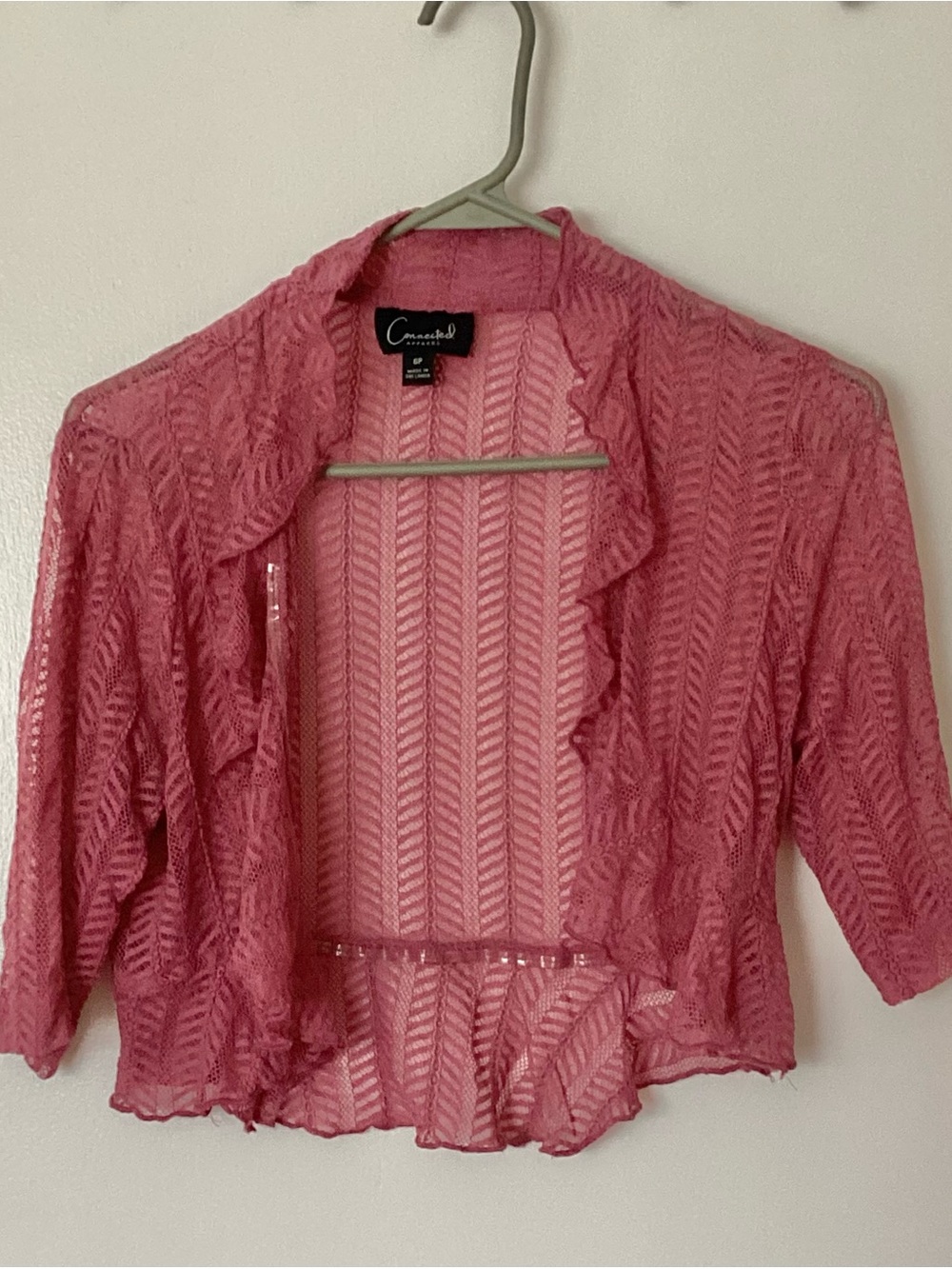 Women’s Size 6P CONNECTED APPAREL  Pink Ruffled Open Lace Cardigan